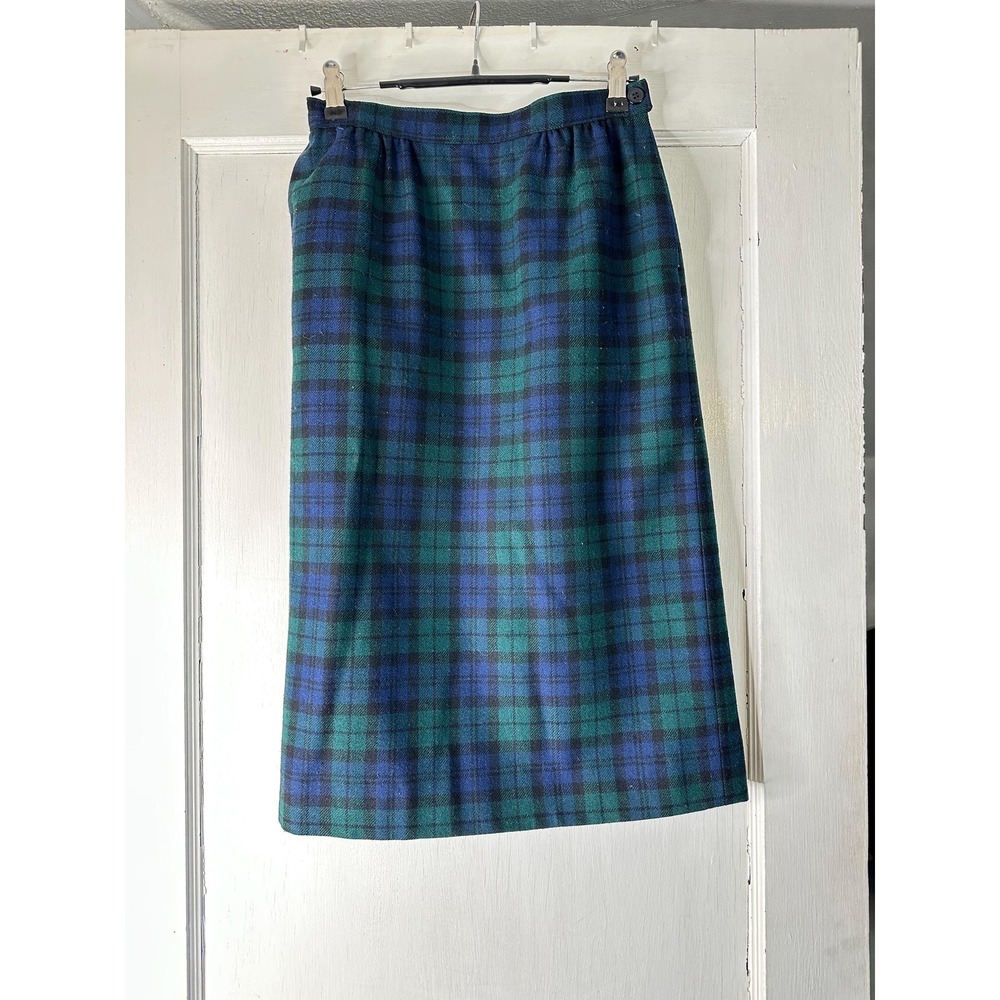 Vintage Pendleton Black Watch Plaid Wool Skirt Petite 6 Green Blue Straight